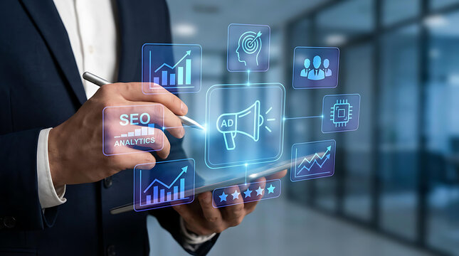 Business Professional Using Tablet with Digital Marketing Holographic Interface, SEO, Social Media, Advertising and Analytics Icons