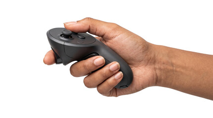 Hand gripping a black VR motion controller with thumbstick and buttons for virtual reality gaming technology in PNG, Transparent Background © Abdulmalek