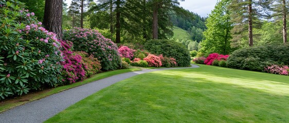 Naklejka premium The Garden Path A Pristine Sunny Landscape With Lush Lawn And Colorful Azaleas