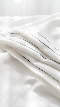 Close-up of white linen fabric with black pinstripes.