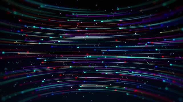 Colorful 3D curved particle lines and glowing dotted trails animate through deep starry space, transitioning into a seamless loop for futuristic digital backgrounds, technology videos, and media.
