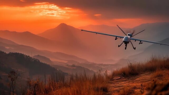 Military drone flying to the right over a mountain valley at orange sunset. Unmanned aerial vehicle UAV in low flight, leaving the frame. 3D render concept of modern surveillance and technology.