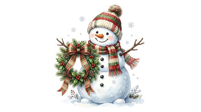 Cute snowman wearing a festive scarf and hat holding a christmas wreath isolated on white background