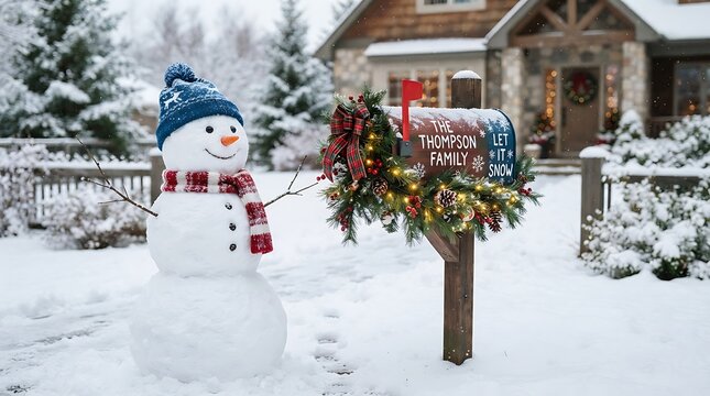 Snowman standing next to a festive decorated mailbox in a snowy winter yard