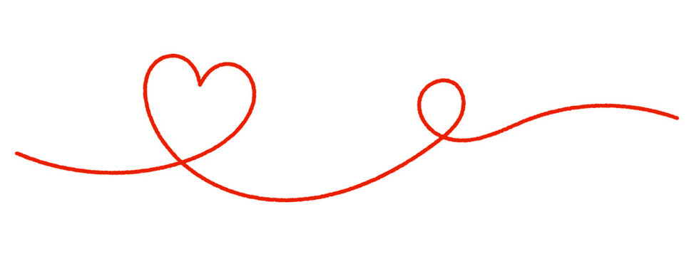Red thread forming a heart and loop knot in one continuous hand drawn line. Tangled yarn, string or cord isolated on white. Minimal Valentine love divider for wedding, embroidery and craft design.
