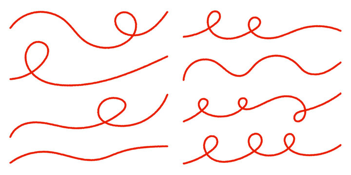Set of red yarn thread lines with loops, knots, waves and curves. Hand drawn string and rope dividers isolated on white. Minimal tangled cord, cotton or wool design with editable stroke.
