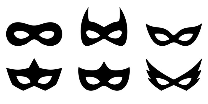Set of black superhero and villain masks in different shapes. Comic hero disguise silhouettes isolated on white. Masquerade costume elements for carnival, Halloween, theatre, party and character desig