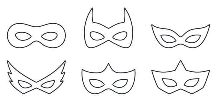Set of superhero and villain mask outline icons in different shapes. Comic hero disguise and masquerade costume line symbols for carnival, Halloween, theatre and party. Editable stroke vector set.