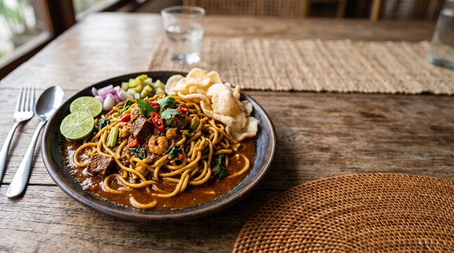 Authentic Indonesian Mie Aceh Stir-Fried Noodles with Beef and Prawns on Rustic Table