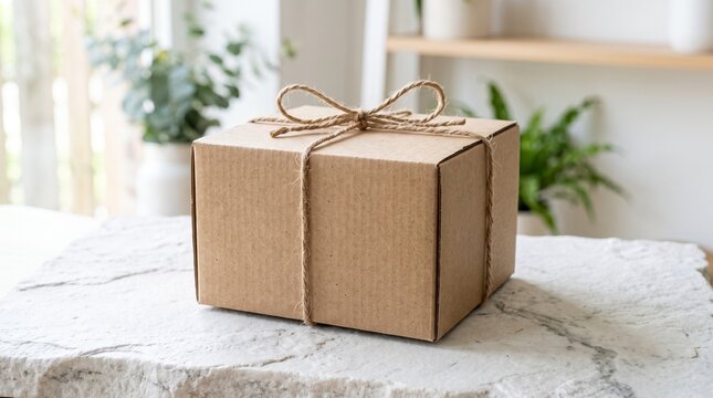Eco-friendly craft cardboard gift box tied with twine string and a bow on a white marble surface in a bright aesthetic interior