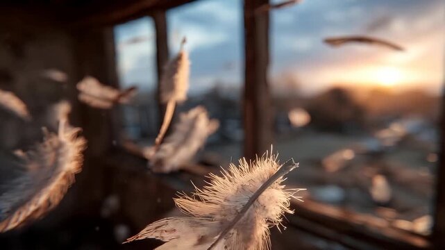 Lightweight bird feathers floating in the air inside an old room at golden sunset. Macro close up of gentle spotted quills drifting near a window. 3D render concept of freedom and memory lane.