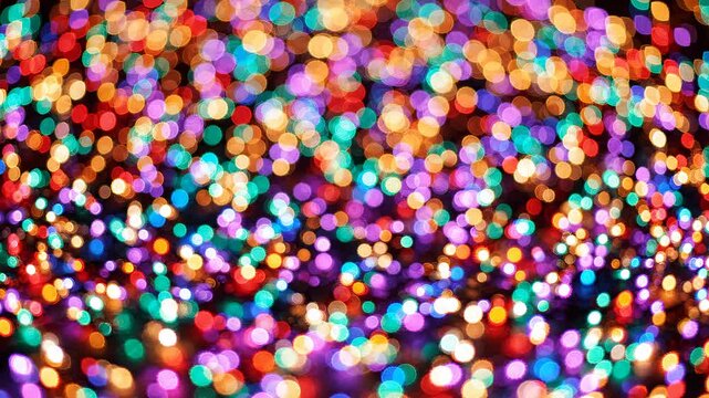 A mesmerizing display of vibrant, out-of-focus lights creates a beautiful bokeh effect, perfect for festive backgrounds, celebrations, and holiday themes.