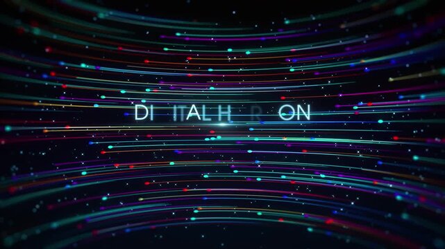 Colorful dotted light trails animate through a deep starry background before revealing DIGITAL HORIZON and CONNECTING IDEAS THROUGH TECHNOLOGY for futuristic digital media and presentations.