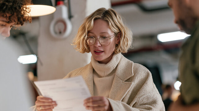 Theatrical wardrobe mistress inspecting a restaurant bill closely in an empty desolate costume storage hall, a temperature gauge mounted on the wall behind her, family of wardrobe