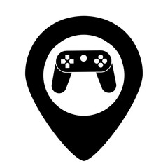arcade location pin with gaming controller icon isolated on white, gaming center logo concept, entertainment, video arcade, internet, gaming venue, esports © lacrimoza