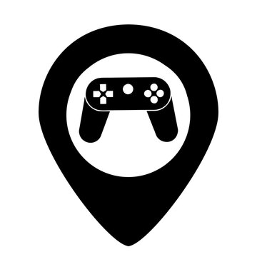 arcade location pin with gaming controller icon isolated on white, gaming center logo concept, entertainment, video arcade, internet, gaming venue, esports