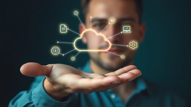 A man holding his hand out with a glowing cloud computing and various connected digital symbols representing data storage and security
