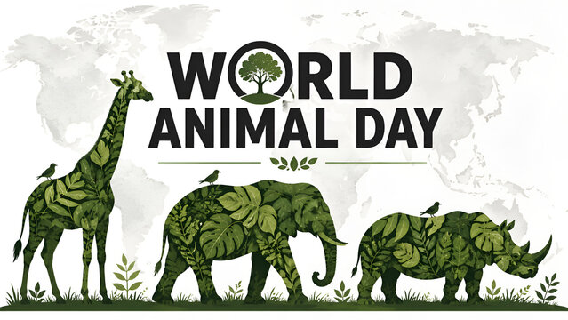 World Animal Day eco banner with leaf texture giraffe elephant and rhino silhouettes