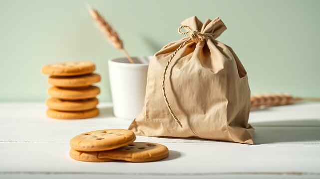 Stack of round cookies next to a brown paper bag tied with string and a white cup with wheat stalks on a white wooden table surface background