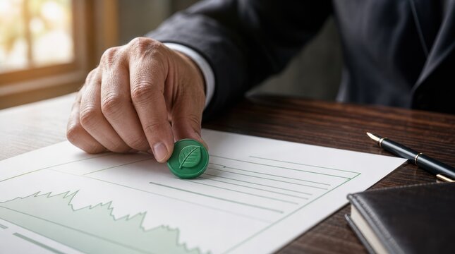 eco business tax strategy. Hand placing a green stamp with a leaf on a document with graphs, symbolizing eco-friendly approval or sustainability.