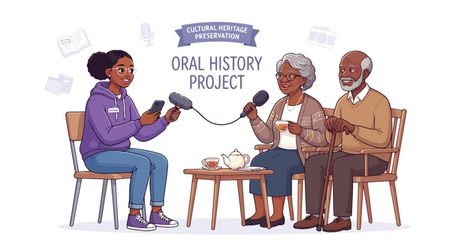 Young volunteer interviewing elderly couple for oral history project to preserve cultural heritage vector illustration