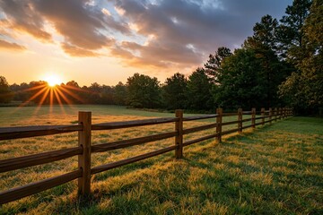 Fototapeta premium The Wooden Fence at Sunset Over a Quiet Meadow, Framed by Trees