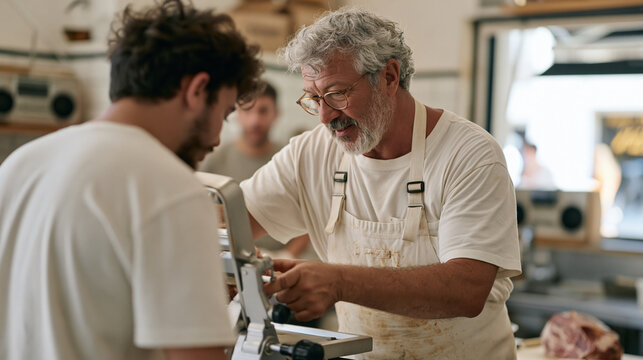 Butcher in a warm traditional shop adjusting the slicer calibration mid task for a new hire watching closely, a radio playing quietly in the background as the candid unposed