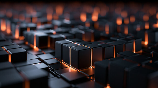 Abstract Futuristic Technology Cube Grid with Glowing Orange Light