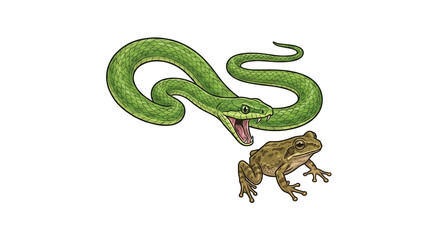 Obraz premium Green snake attacking a brown toad, predatory wildlife illustration on white background.
