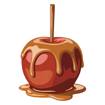Caramel Coated Apple on a Stick with Dripping Caramel, Sweet Dessert Vector Illustration Isolated on White