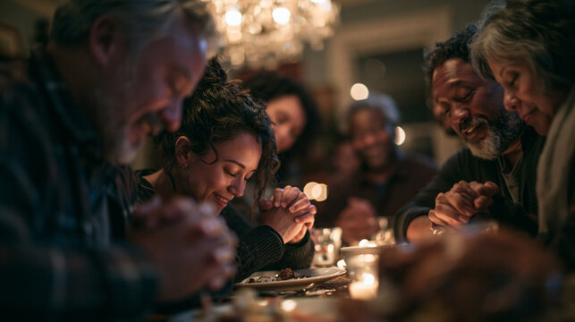 Family Praying Together Before Holiday Dinner Table