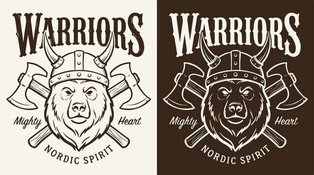 Mighty warriors nordic spirit bear. Vintage viking grizzly bear wearing horned helmet. Crossed battle axes emblem for t shirt design. Retro woodcut style vector illustration.