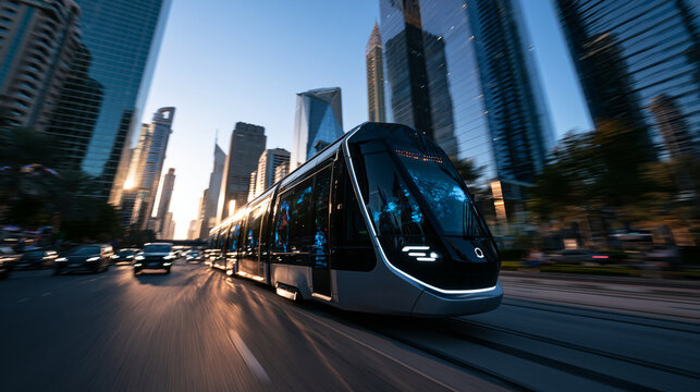 Modern Electric Tram Moving Through Futuristic City Street
