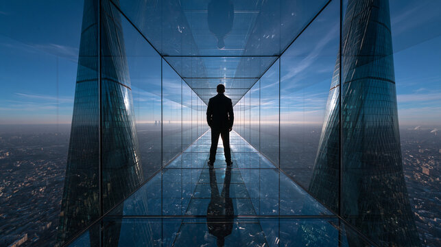 Businessman Standing on High Glass Skywalk Overlooking City