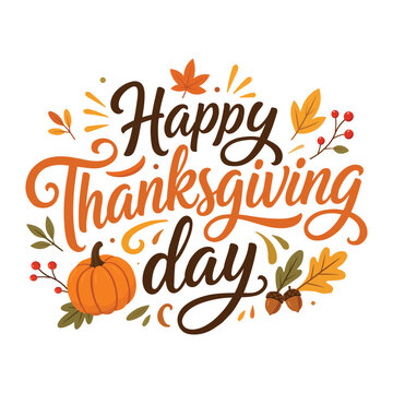 Happy Thanksgiving Day Hand Lettering with Pumpkin and Autumn Leaves