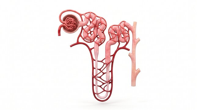 Classic nephron kidney filtration unit 3D diagram white background
