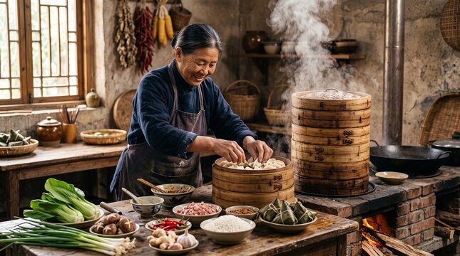 An elderly Asian woman smiling while preparing handmade dim sum and dumplings using stacked wooden steamers in a rustic traditional kitchen