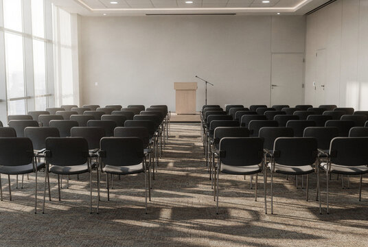 Empty modern conference room with chairs, podium, and bright natural light.