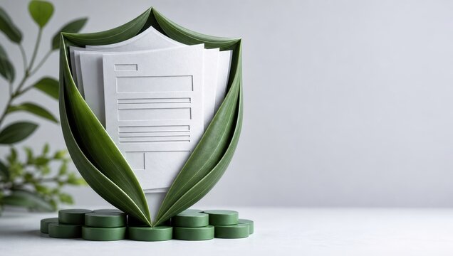 eco business tax strategy. Paper documents protected inside a green leaf structure, symbolizing eco-friendly finance and sustainable investment.