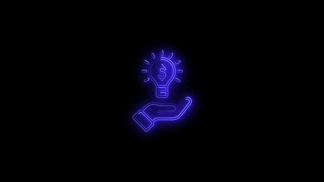 neon outline of a light bulb with a lightning bolt inside on a black background idea innovation
