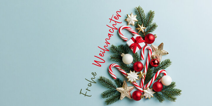 Frohe Weihnachten Feiertag Feier Karte, Gru&szlig;karte mit deutschem Text - Weihachtsdekoaration Ornamente Weihnachtsbaum, Christbaum Baum Tanne
