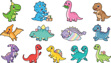Cute Cartoon Dinosaur Character Icon Set Featuring Baby Tyrannosaurus Rex Triceratops Stegosaurus Pterodactyl and Brachiosaurus Species for Kids Educational Graphic Designs © Miss
