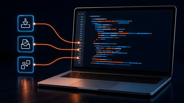 Modern laptop displaying programming code with glowing digital icons illustrating software development application integration and data transfer