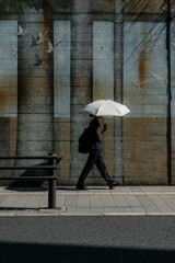 Person holding white umbrella walking past textured urban wall mural on sunny day © MohdFauzi