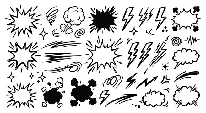  Line speed cartoon effect, boom explosive motion line element set. Comic boom burst, explosive smoke, line speed cartoon vector icon. Hand drawn sketch doodle action effect. Vector illustration 