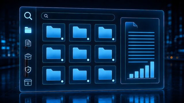 Futuristic digital document management system interface with glowing blue folders and data analytics chart representing secure cloud storage and electronic file organization