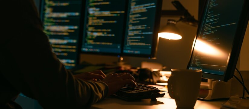 Programmer typing computer code on keyboard with multiple monitors in dark office