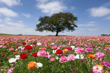 Obraz premium The Tree Overlooking a Field of Colorful Ranunculus Flowers in Bloom