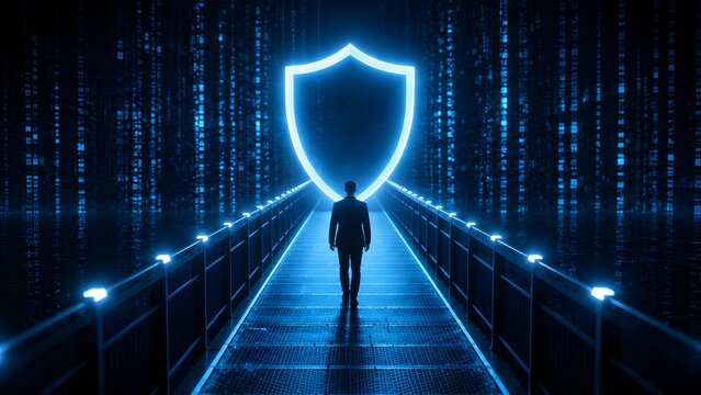 Businessman walking on futuristic bridge toward giant glowing blue security shield illustrating corporate cybersecurity data protection and digital risk management