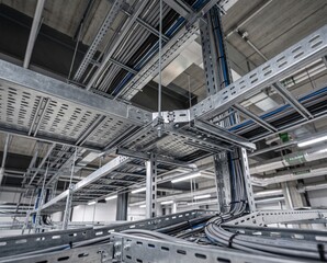 Fototapeta premium Modern industrial metal cable trays and wiring infrastructure inside
